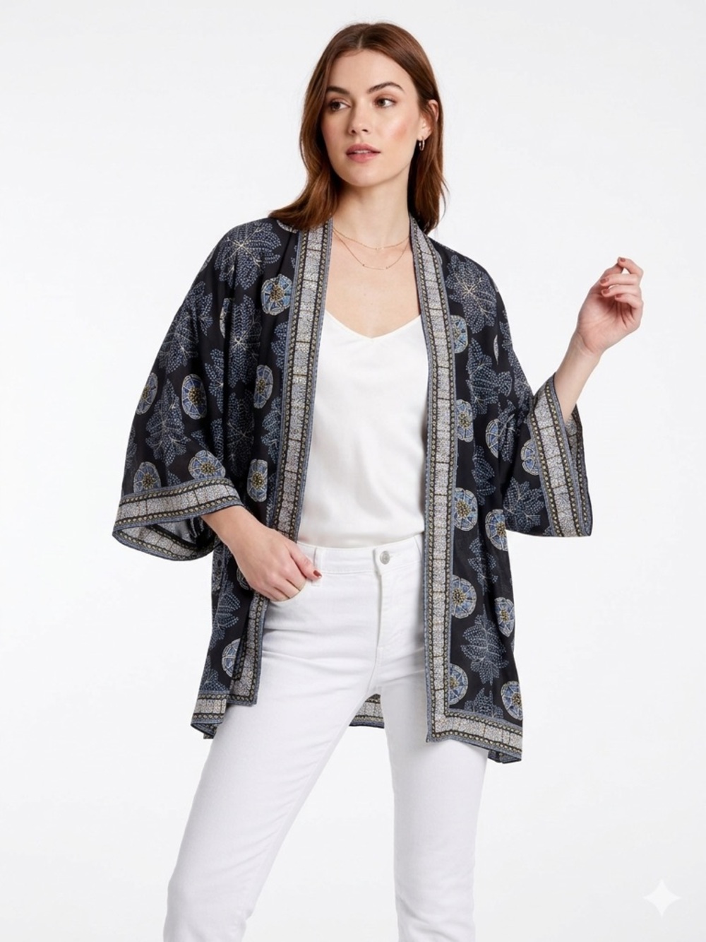 Max Studio Botanical Border Print Kimono Cardigan Size Medium Boho Folk Coastal